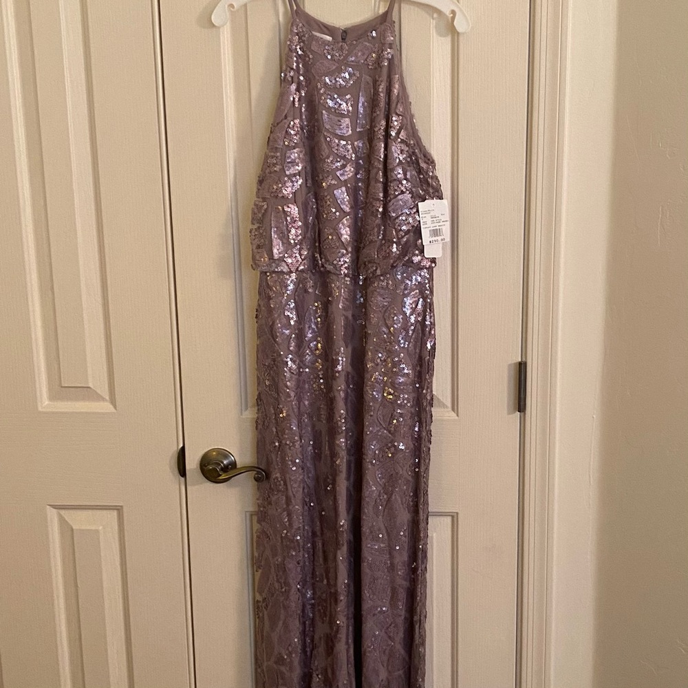 Lavender sequined gown.